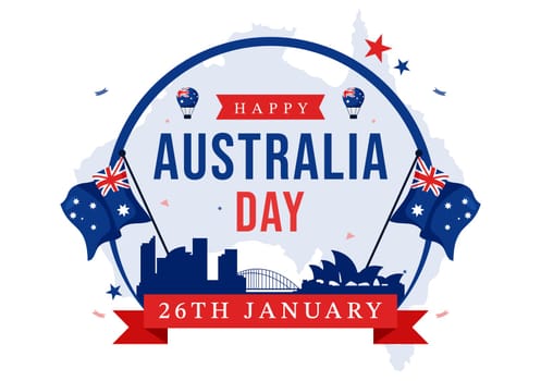 Happy Australia Day Vector Illustration Celebrating 26 January, Featuring a Map and a Waving Australian Flag in a Background for a National Holiday