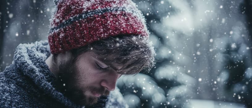 A young man in a red beanie experiences the magic of Christmas in a snowy forest lost in thought amidst falling snowflakes.