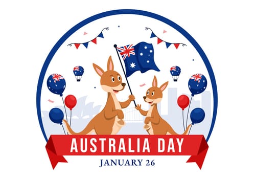 Happy Australia Day Vector Illustration Celebrating 26 January, Featuring a Map and a Waving Australian Flag in a Background for a National Holiday