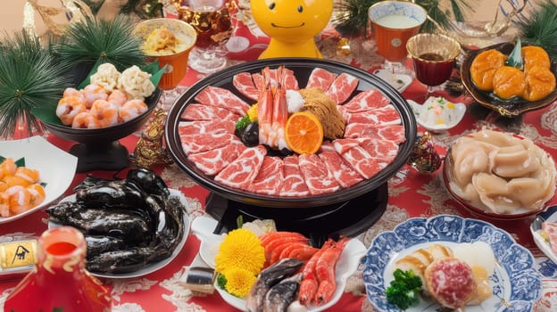 A vibrant Christmas gathering featuring an array of delicious foods including seafood beef and assorted delicacies on a decorated table.