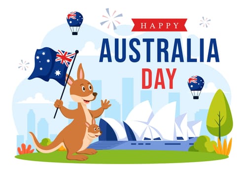 Happy Australia Day Vector Illustration Celebrating 26 January, Featuring a Map and a Waving Australian Flag in a Background for a National Holiday