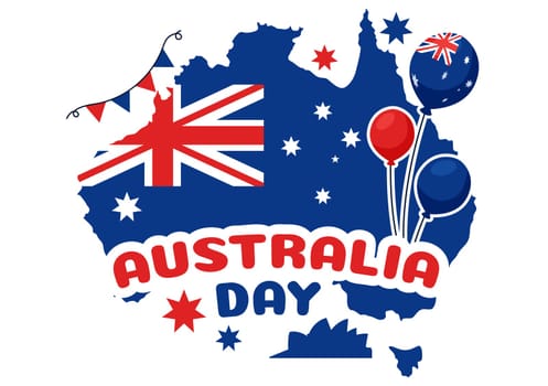 Happy Australia Day Vector Illustration Celebrating 26 January, Featuring a Map and a Waving Australian Flag in a Background for a National Holiday