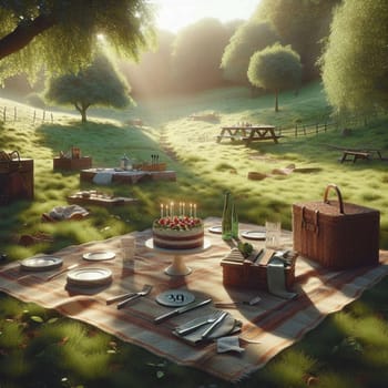 A whimsical birthday picnic scene in a sunny meadow. A birthday cake with lit candles is the centerpiece, surrounded by plates, cutlery, baskets, and drinks.