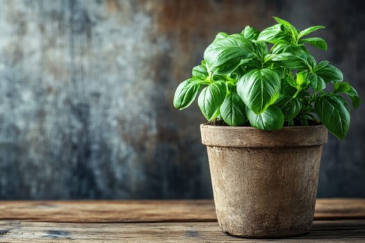 Fresh green basil plant growing in a terracotta pot on a rustic wooden table