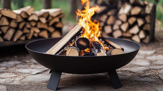 Fire pit burning firewood in a backyard setting during the fall