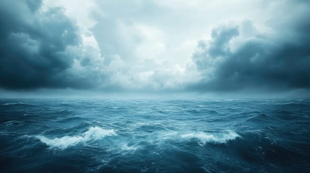 Dramatic scene with dark storm clouds gathering over a rough ocean with big waves