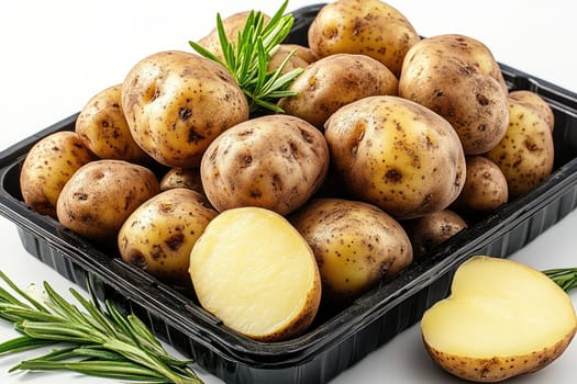 Raw potatoes with rosemary sprigs are lying in a plastic container on a white background