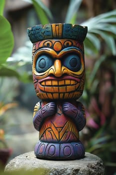 Colorful mayan statue standing on a stone in a lush green garden
