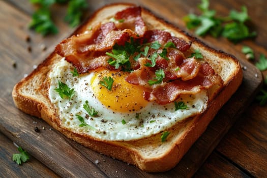 Delicious toast with fried egg and bacon on a wooden tray, sprinkled with fresh parsley