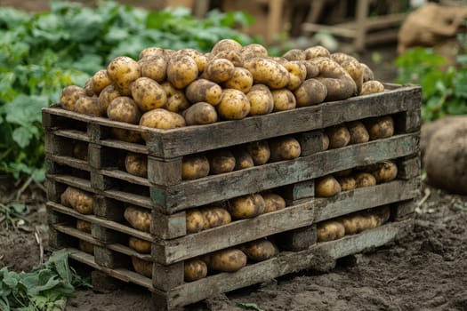 Freshly harvested potatoes are overflowing from a rustic wooden crate, suggesting a bountiful harvest season