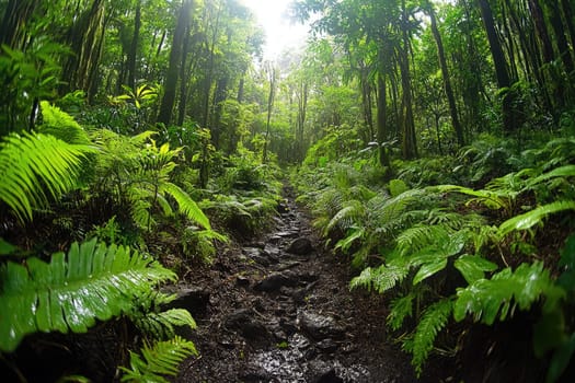 Rocky hiking trail is winding through a tropical rainforest