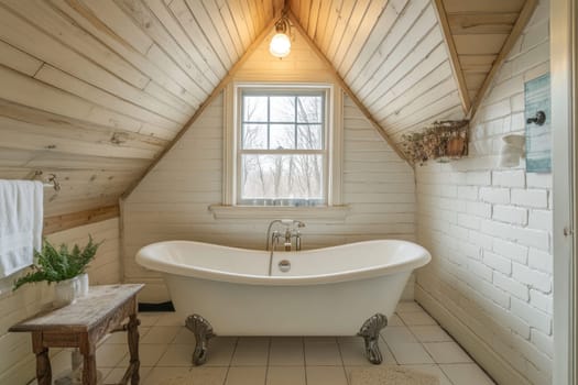 Elegant white clawfoot bathtub sitting under a sloped ceiling in a modern farmhouse style bathroom with white brick and wood paneling