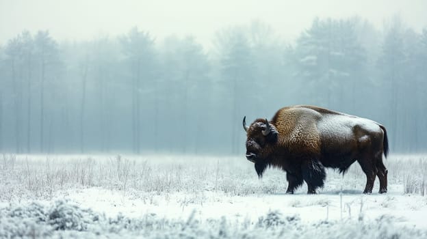 Majestic european bison is standing in a snow-covered field, with a foggy forest in the background