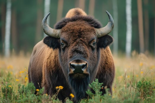 Large european bison bull is standing in the forest and looking forward