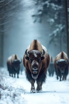 Powerful european bison is leading its herd through a snowy forest