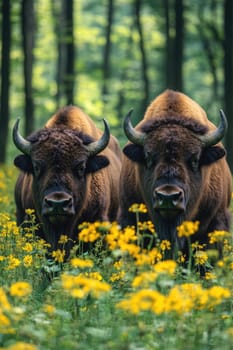Two european bisons are standing in the forest during a sunny day of springtime