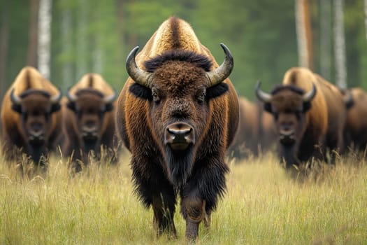European bison bull leads his herd through tall grass in a forest