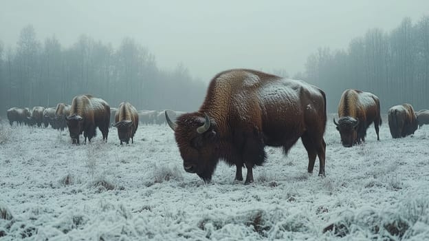 Herd of european bison grazing in a snowy field on a misty day