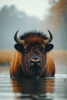 Large european bison standing in water on a foggy day