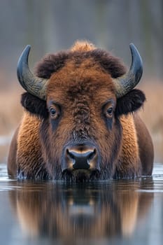 European bison bull is taking a bath in a lake with its reflection showing in the water