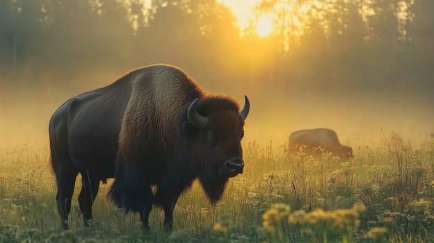Large bison standing in a field of grass and flowers with the morning sun rising behind it