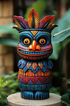 Colorful wooden tiki statue with a headdress standing on a small round table outdoors