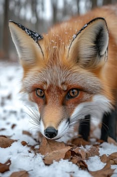 Wild red fox searching for food in winter forest covered with snow