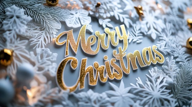 Festive design featuring the words merry christmas surrounded by white and gold christmas ornaments