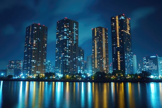 Modern buildings reflecting in water at night in tokyo japan