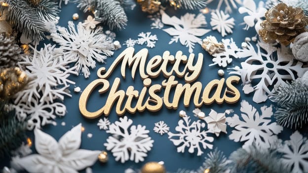 Golden merry christmas lettering surrounded by winter and christmas decorations in white and gold, on blue background with copy space