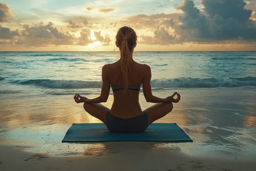 Woman is meditating on a yoga mat on the beach, enjoying the peace and tranquility of the ocean at sunrise