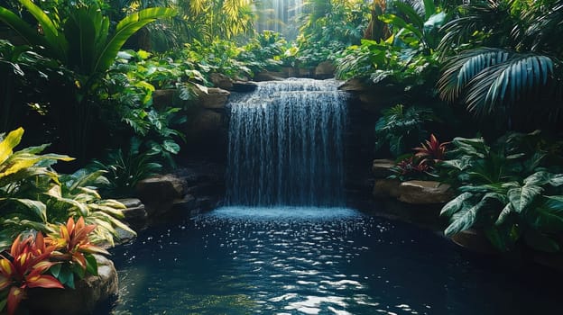 Waterfall cascading into tranquil pool surrounded by lush tropical plants