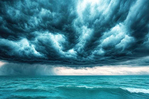 Dark storm clouds are gathering over a turquoise ocean, promising an intense storm