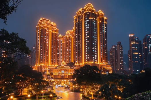 Modern hotel complex glowing at night with illuminated buildings and light trails from passing cars
