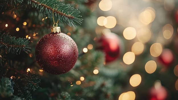 Single red ornament hangs on a christmas tree with sparkling lights in the background