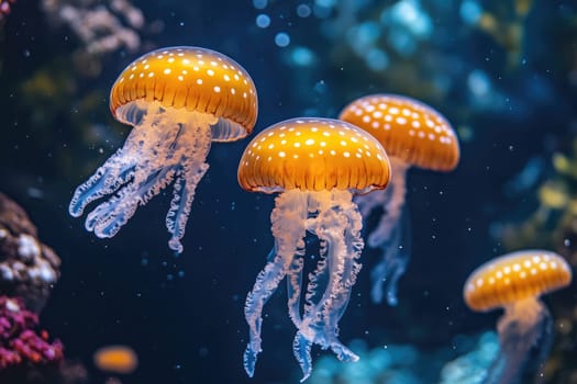 Four orange and white jellyfish are swimming underwater in a blue aquarium