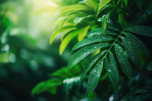 Sunlight shining on green leaves with water drops after raining in tropical forest