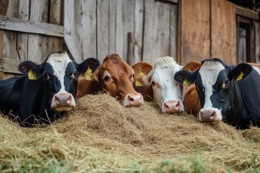 Cows eating hay in barn looking at camera