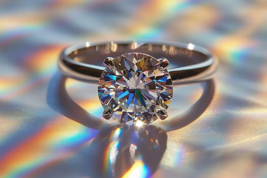 Large diamond ring is sparkling on an iridescent surface