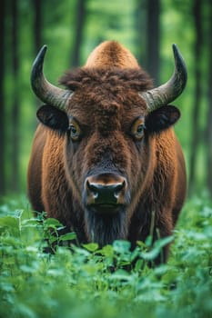 European bison is standing in a lush green forest