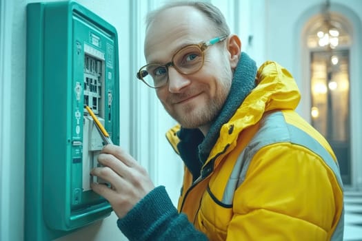 Electrician smiling and working on fuse box wearing glasses and yellow jacket