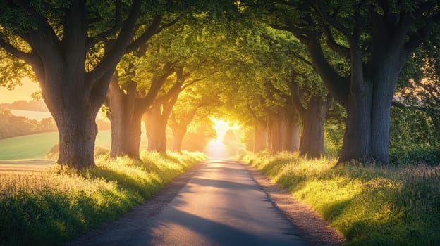 Beautiful country road passing through tree tunnel at sunset