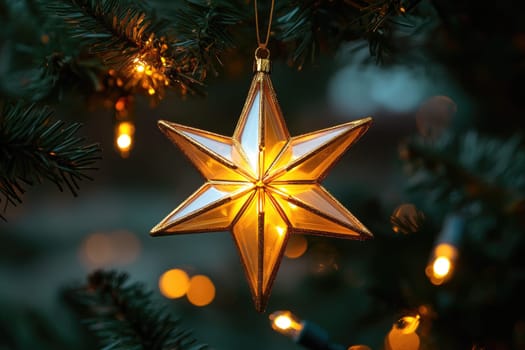 Golden christmas star ornament hanging on a christmas tree with sparkling lights creates a magical holiday atmosphere