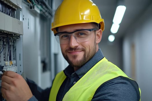 Electrician is smiling at the camera while working on an electrical panel in a safety vest and hardhat