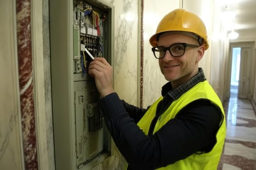 Electrician repairing electrical panel wearing hardhat smiling at work