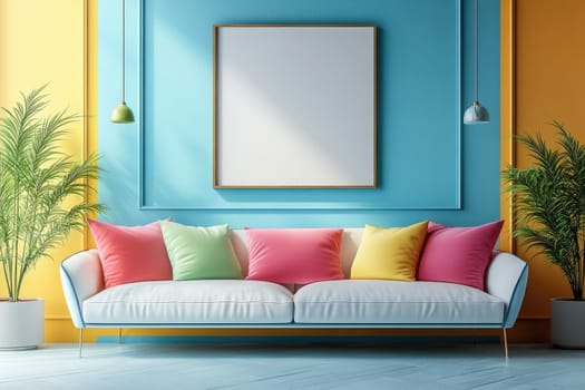 Modern interior design with colorful sofa and empty frame hanging on blue wall with sunlight shining through the window
