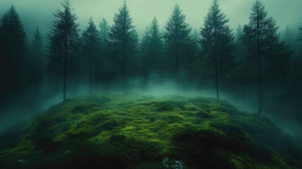Fog is covering a moss covered hill in a dark forest