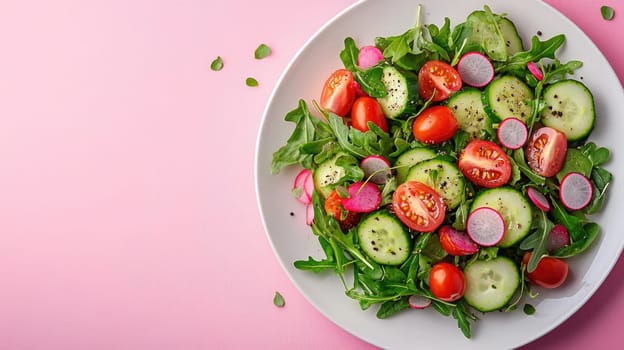Plate is filled with a variety of fresh vegetables, creating a colorful and healthy meal