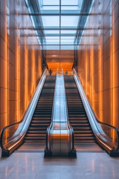 Two empty escalators are going up to a glass ceiling in a modern building with orange lights