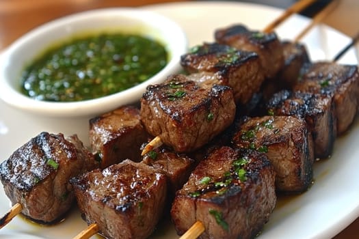 Grilled beef skewers seasoned with herbs and served with chimichurri sauce